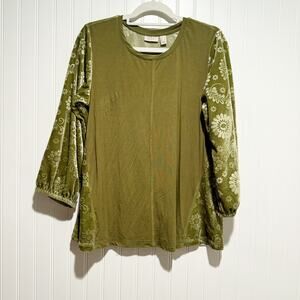 LOGO Lori Goldstein Green Floral Velvet Blouse Size Small